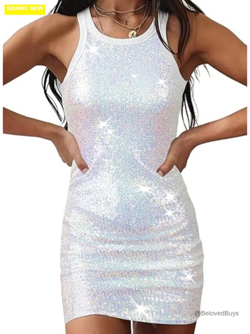 Slim Fit Ribbed Back Sequin Sleeveless Mini Dress Sparkle Bodycon Party